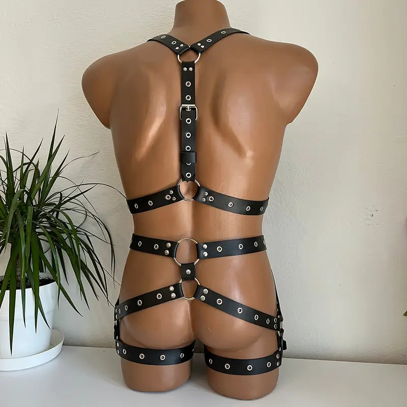 Harness męskie body ze sztucznej skóry z nitami, regulowany