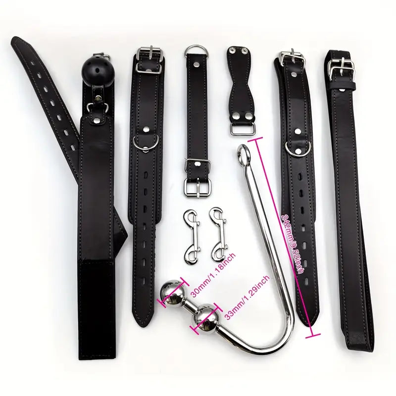 Uprząż BDSM Senses z obrożą, kajdankami i 3 hakami analnymi do wyboru