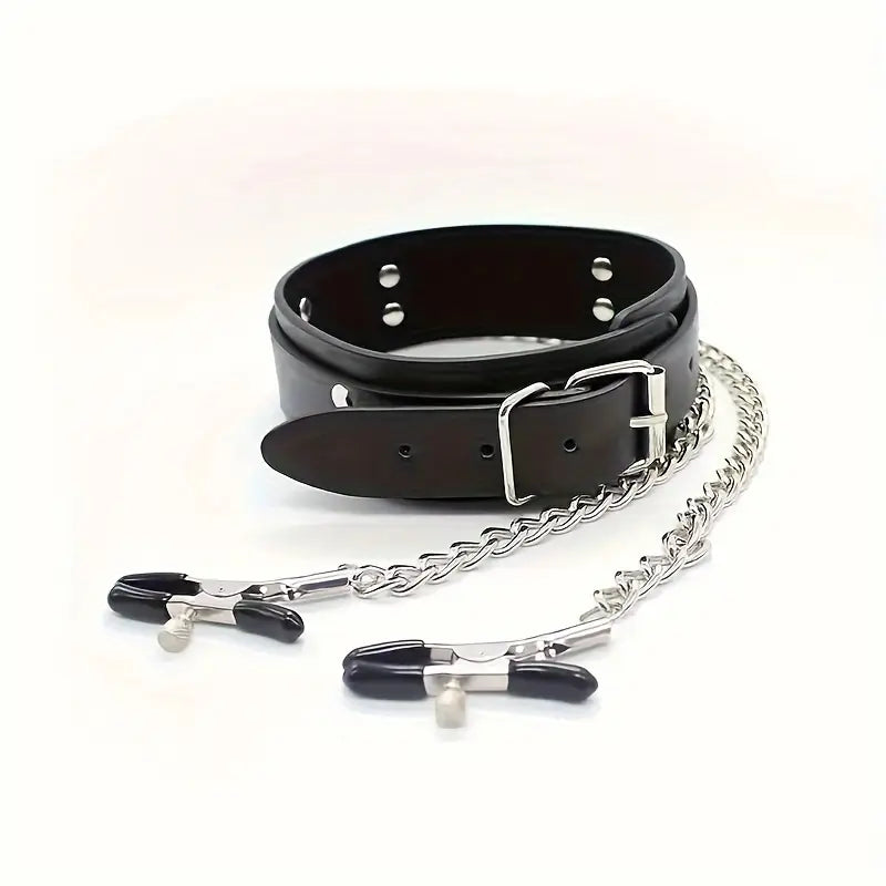 choker na szyję z zaciskami na sutki z eko skóry