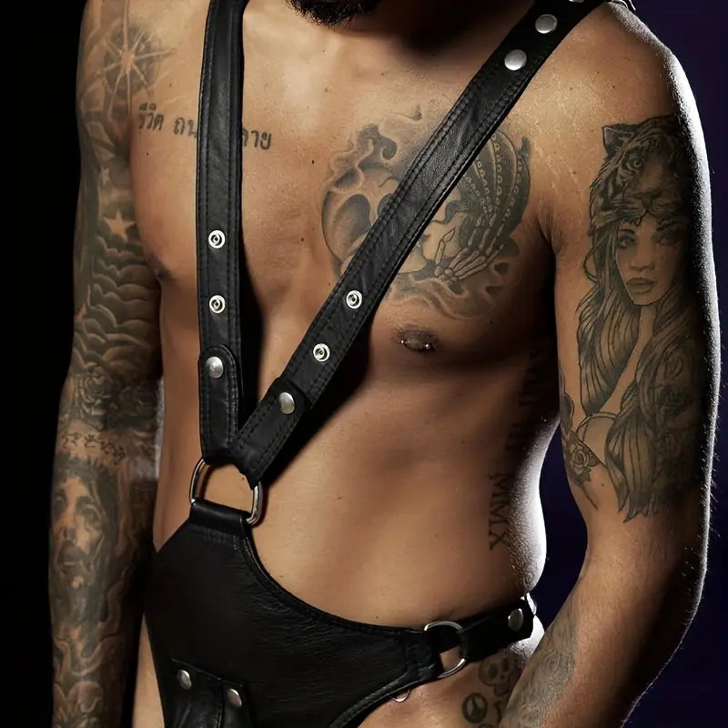 Męskie body uprząż BDSM z odpinanym krokiem