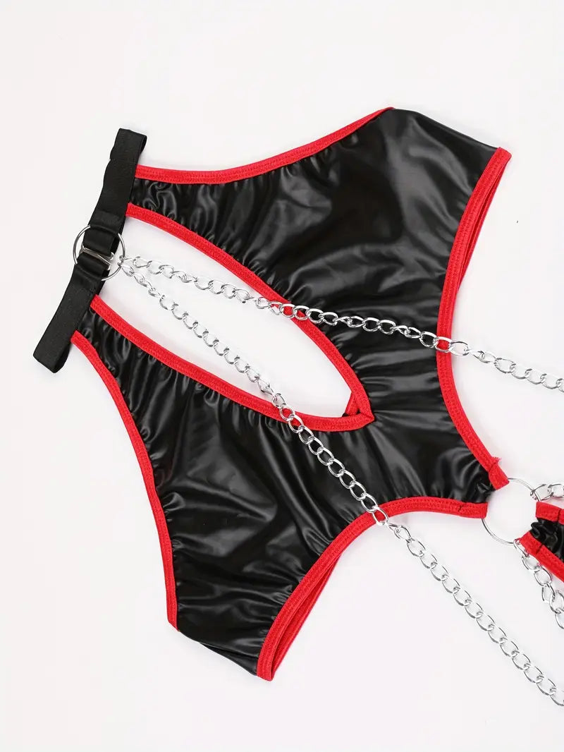 Czarne body z czerwonymi oblamówkami, z łańcuszkami, w stylu BDSM, rozmiary S-XL