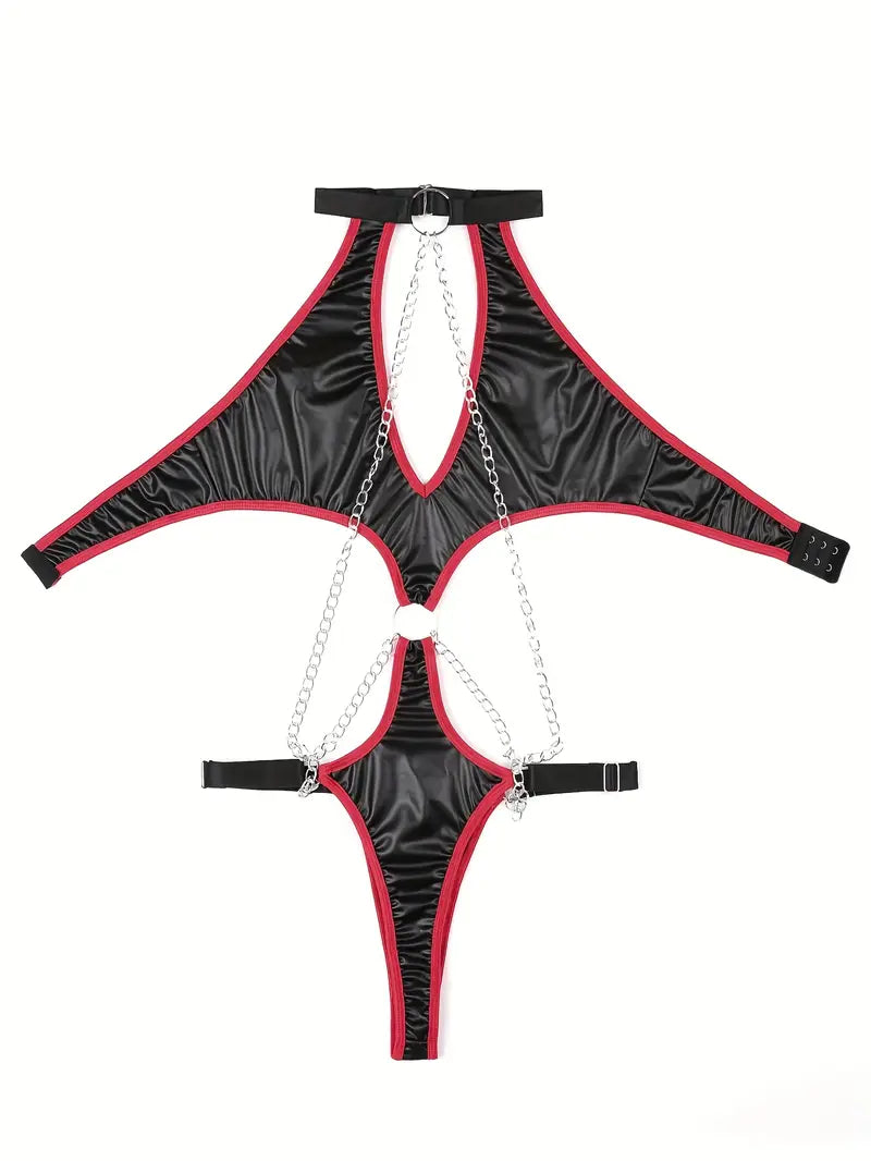 Czarne body z czerwonymi oblamówkami, z łańcuszkami, w stylu BDSM, rozmiary S-XL