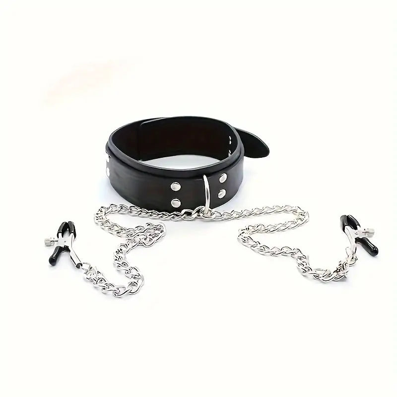 choker na szyję z zaciskami na sutki z eko skóry