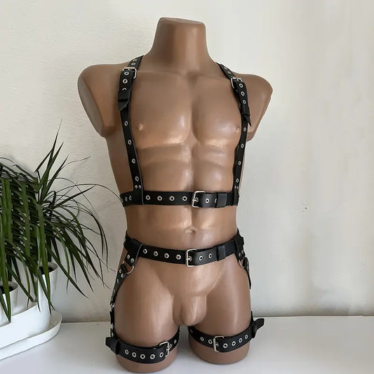 Harness męskie body ze sztucznej skóry z nitami, regulowany