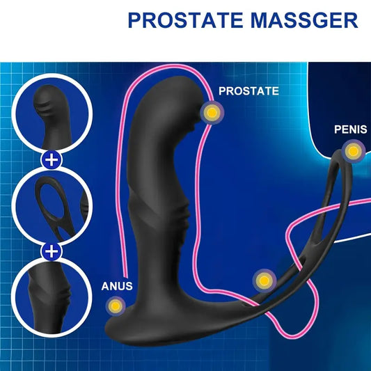 Masażer prostaty na pilota, 10 trybów wibracji, z ringiem na penisa i jądra